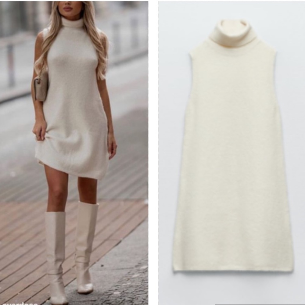 Zara Cream Sleeveless Turtleneck Mini knit Dress Size Medium